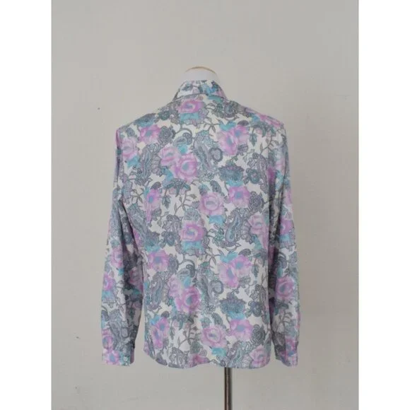 Vintage 70s Floral Paisley Pastel Secretary Blouse / Detachable Bow - Picture 3 of 10